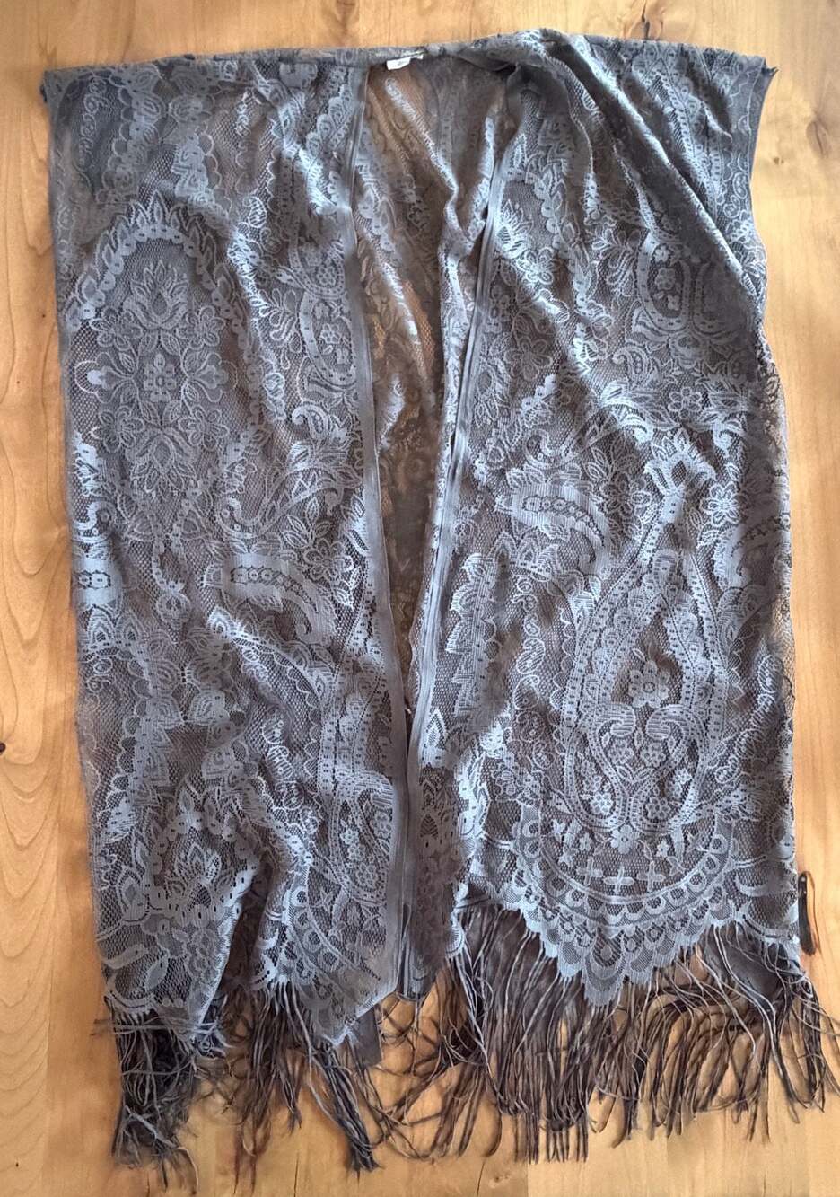 Mudd Gray Paisley Lace Kimono Cardigan with Fringe, Boho-Chic One Size.